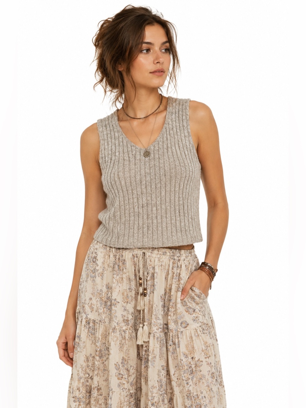 Boho Goblincore Taupe 100% Wool Ribbed Knit Sweater Vest Earthy Minimalist Cozy